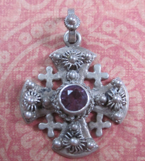 Vintage Sterling Silver Jerusalem Cross With Purple Stone