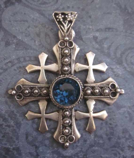 Vintage 900 Silver Jerusalem Cross With Blue Stone Religious