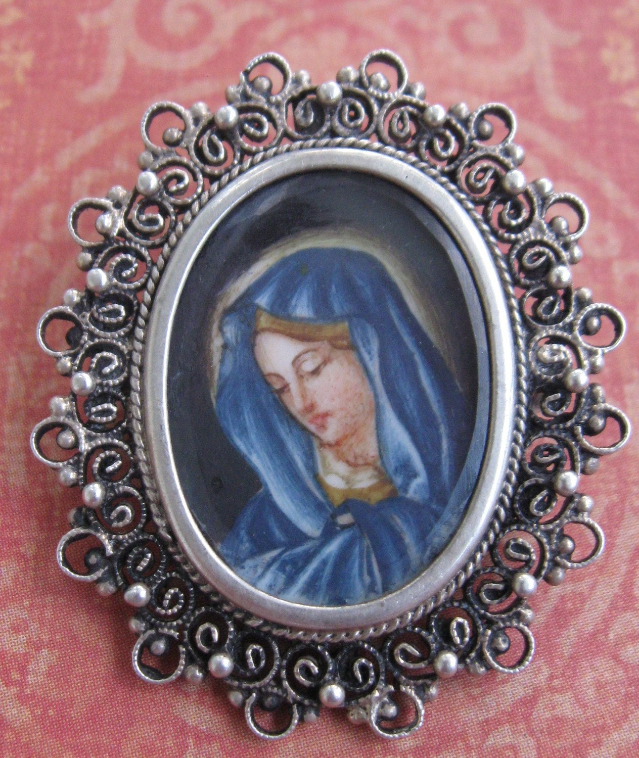 Antique Virgin Mary Brooch Hand Painted Miniature Pendant in