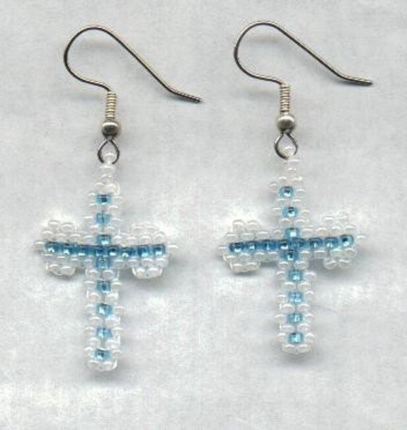 Beaded Cross Easter Earrings Aqua/Pearl