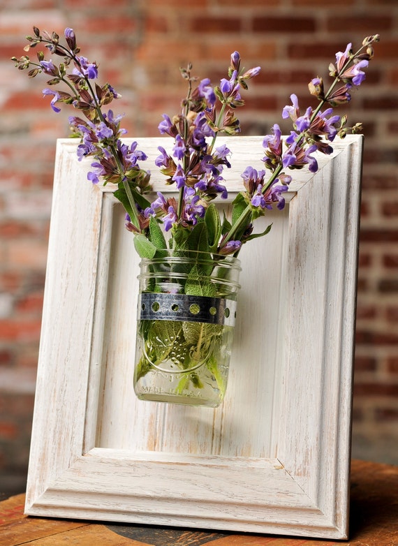 Framed Mason Jar Wall Sconce Rustic White Flower/ Plant/