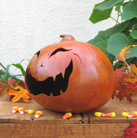 Gourd Halloween Jack-O-Lantern Orange Carved Spooky Candy Bown