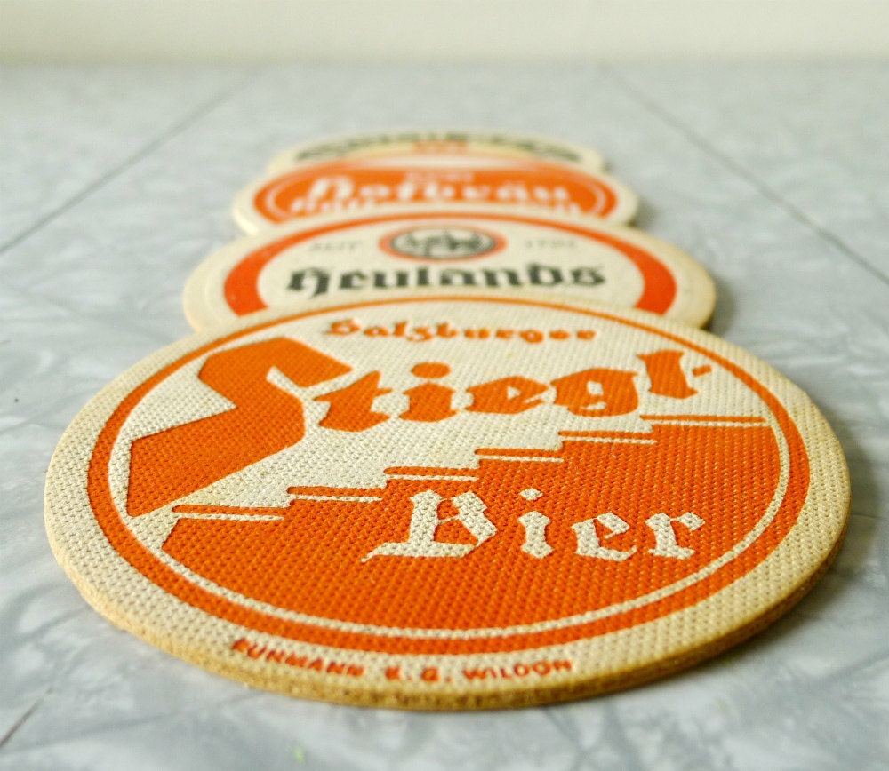 Vintage German Beer Coasters Orange Yellow Set of 4 drink