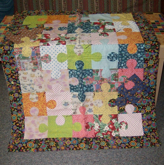 UNIQUE JIGSAW PUZZLE QUILT FREE SHIPPING by EmptyNestCrafts