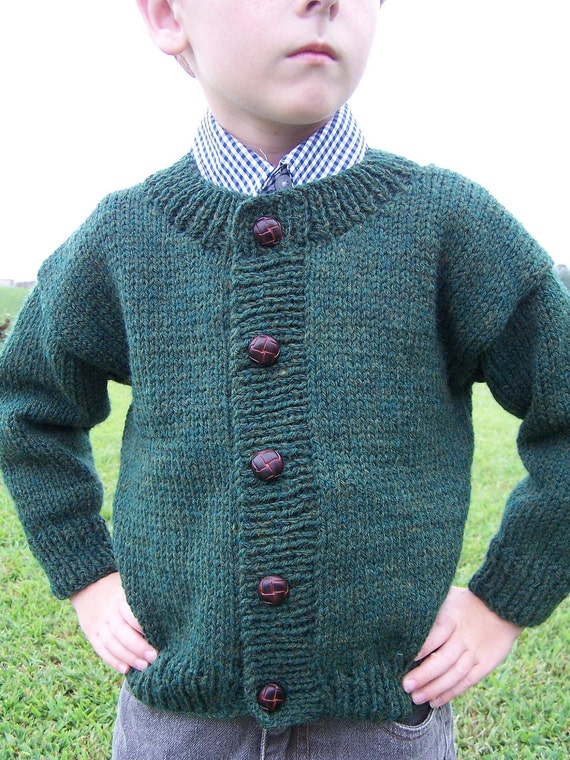 Cardigan dark green color sweater children 4T-5T hand knit for