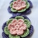 Flower set of 2 appliques hand crocheted peach green lavender 2.5 inch