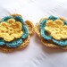 50% off SALE Half off SALE Appliques crocheted flowers 3inch yellow aqua gold cotton
