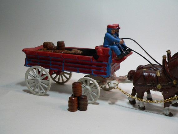 Cast Iron Horse Drawn Beer Wagon With Wooden Barrels