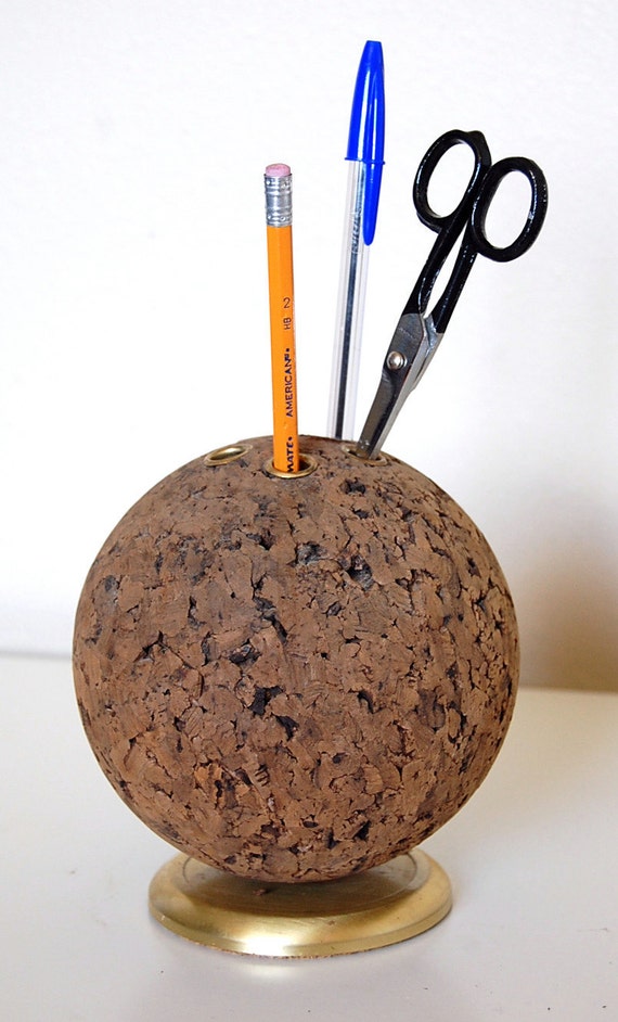 Vintage Cork Pencil Holder Caddy Ball Pencil Cup by SackLunchTime