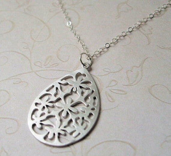 Items similar to Floral Teardrop Necklace / Sterling Silver chain