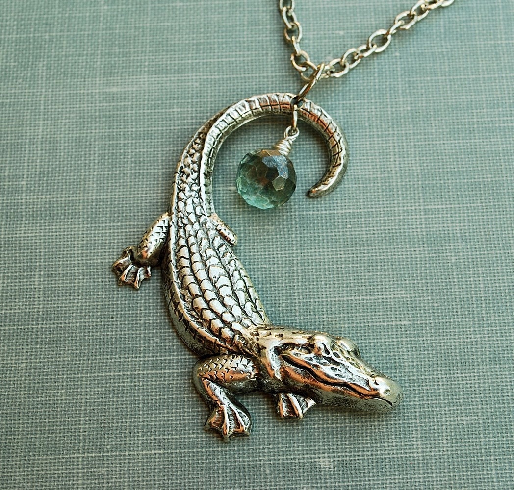 Silver Alligator Necklace With Green Prasiolite Briolette