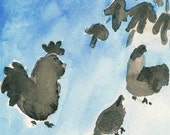 Rooster and two hens and a Cloud, art print of my original watercolor painting, Blue, grey, white, limited edition, nursery decor, retro