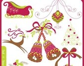 Traditional Christmas Clip Art Set - Instant Download - Sledge, Reindeer, Tree, Mistle Toe, Bells, Ornaments - Personal and Commercial Use Il_170x135