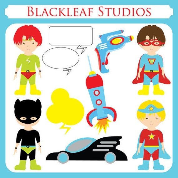 Super Hero Boys - kiddy super heroes, boy hero, little hero, superman, bat mobile, gun, squad, batman - Personal and Commercial Use Clip Art Il_570xn