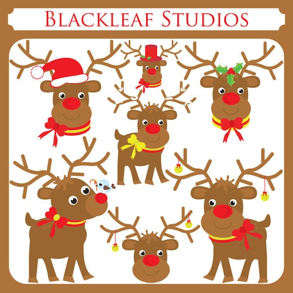 Christmas Reindeers - santas reindeer, holly berries, reindeer santa hat, baubles, fun horns - Personal and Commercial Use Clipart Il_570xn