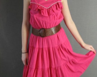 80s Vintage PINK Ruffle Sundress Dress Medium Tiered Skirt