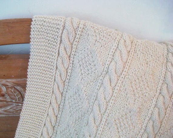 LAP ROBE Hand Knit Wool ARAN Off White 33x46 Sabina