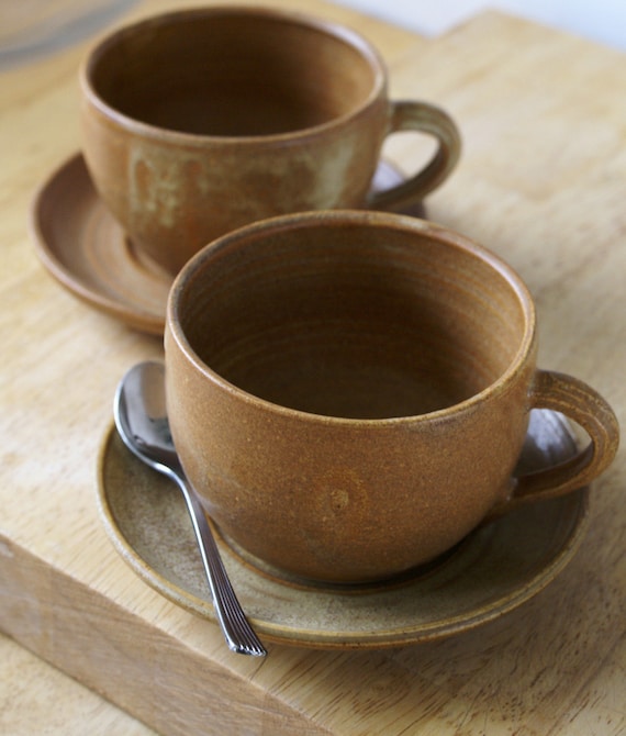 Pottery cappuccino cups and saucers a handmade set of two in