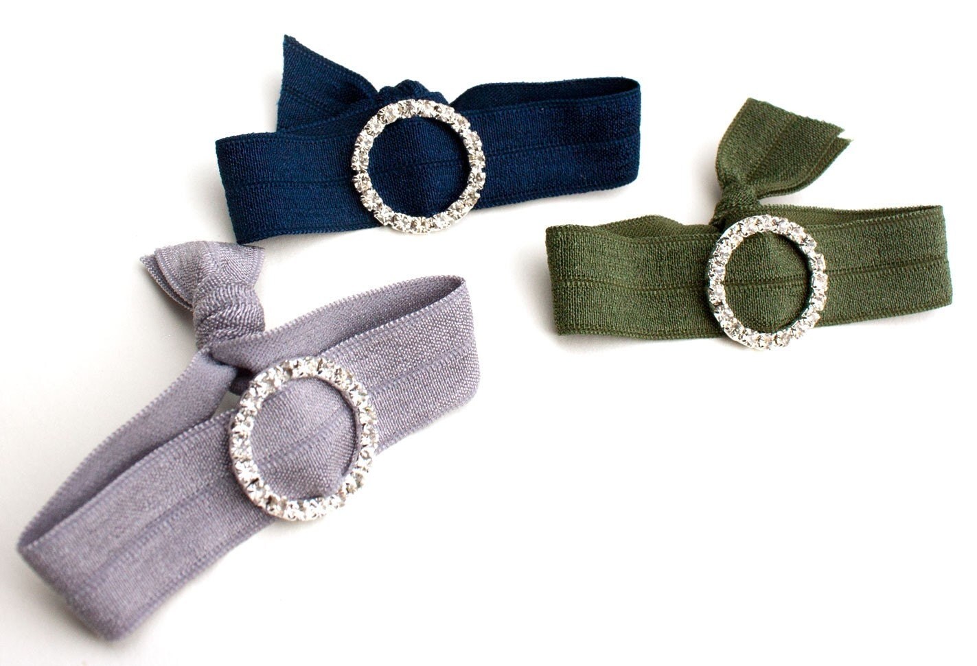 Olive Green Elastic Hair Tie with a Rhinestone Embellishment