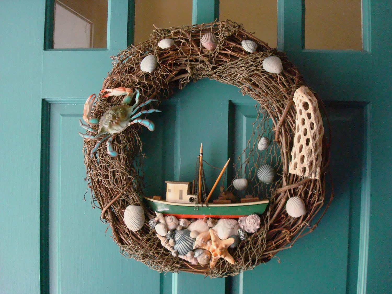 Large Nautical Crab and Fishing boat Grapevine wreath COTTAGE