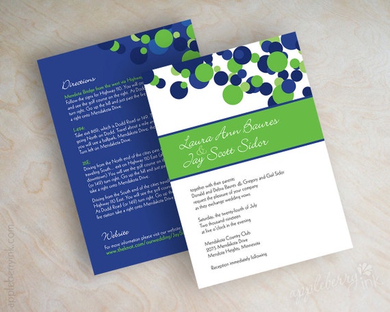 Blue and green wedding invitations, polka dot wedding stationery, polka dots in royal blue, white and lime green, free shipping, Kendall