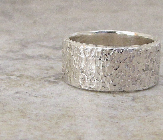 Mens Silver Ring Hammered Wedding Band Distressed Wide Thick Wedding ...