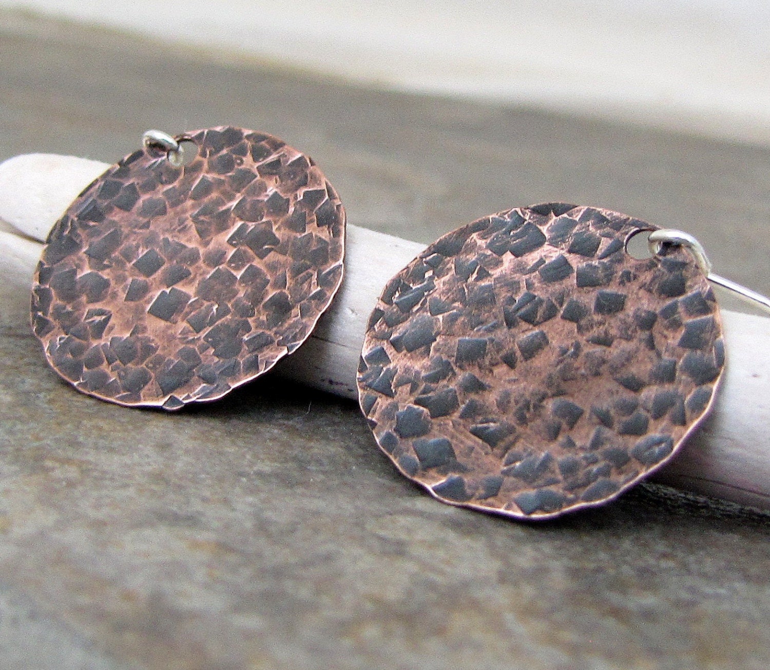 Hammered Copper Earrings Rustic Copper Discs Textured Circle