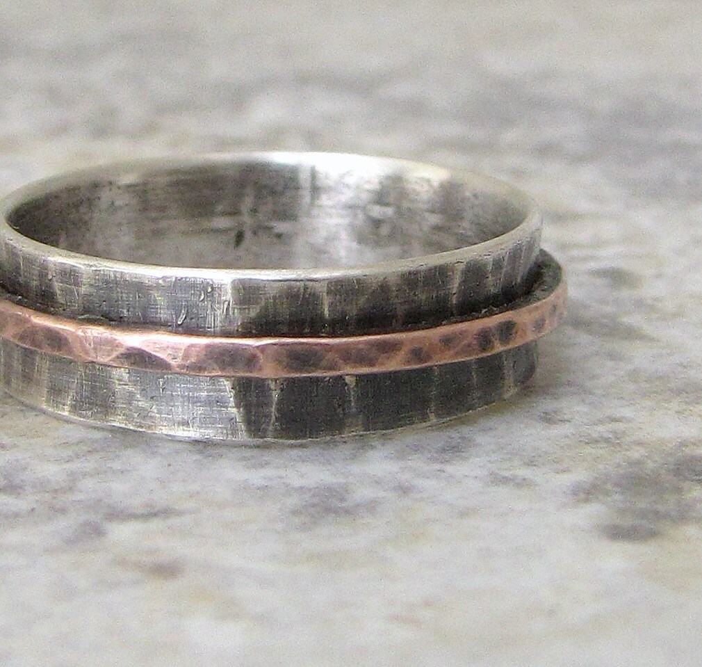 Silver Spinner Ring Copper Hammered Mens Wedding Ring Wedding