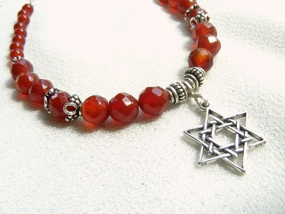 Sterling Star of David Genuine Faceted Carnelian  Judaica Necklace