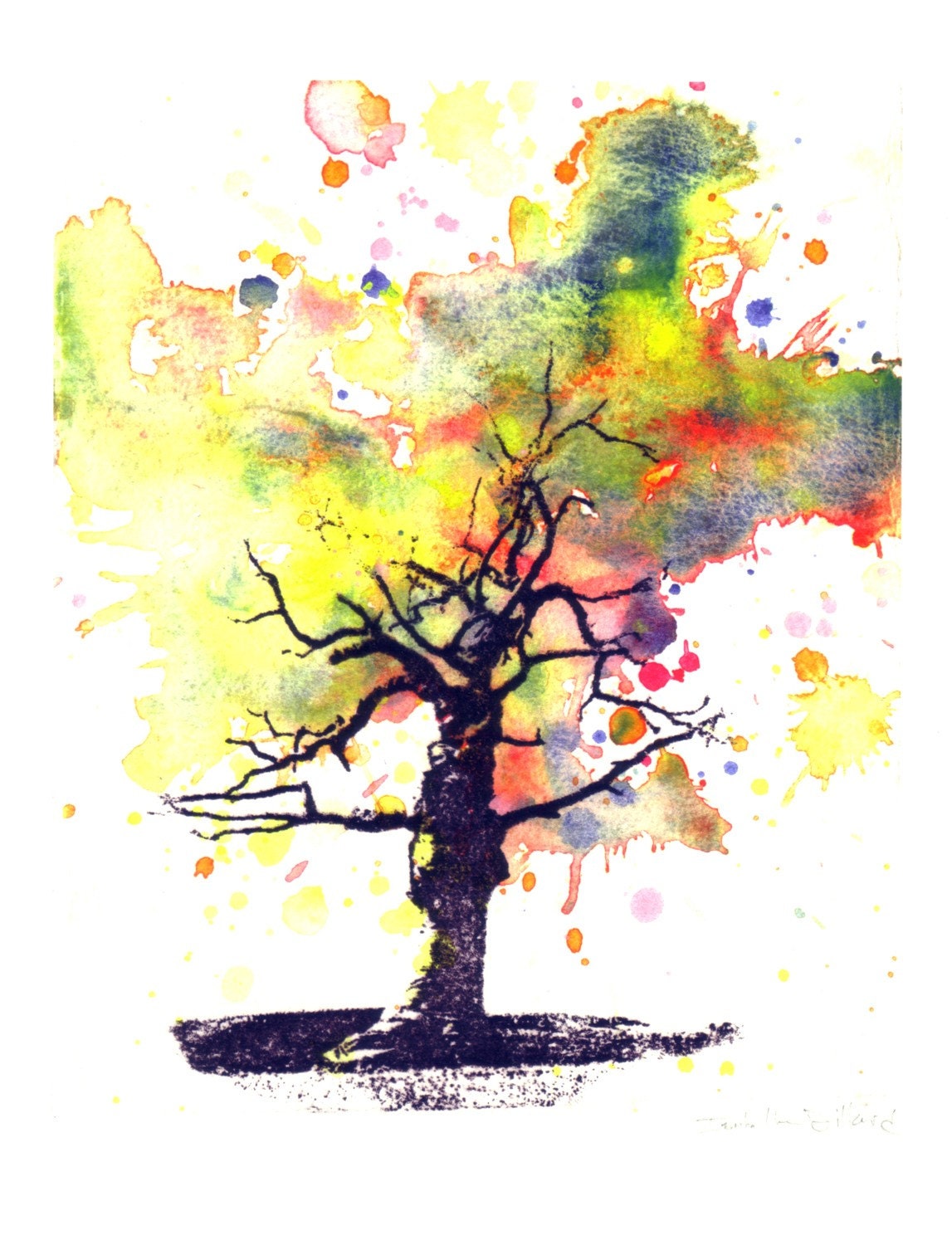 Spooky Tree in a Splash of Color Landscape Watercolor Painting