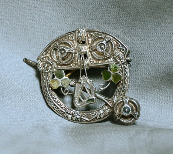 Sterling Irish Tara Brooch with Connemara Marble Shamrocks