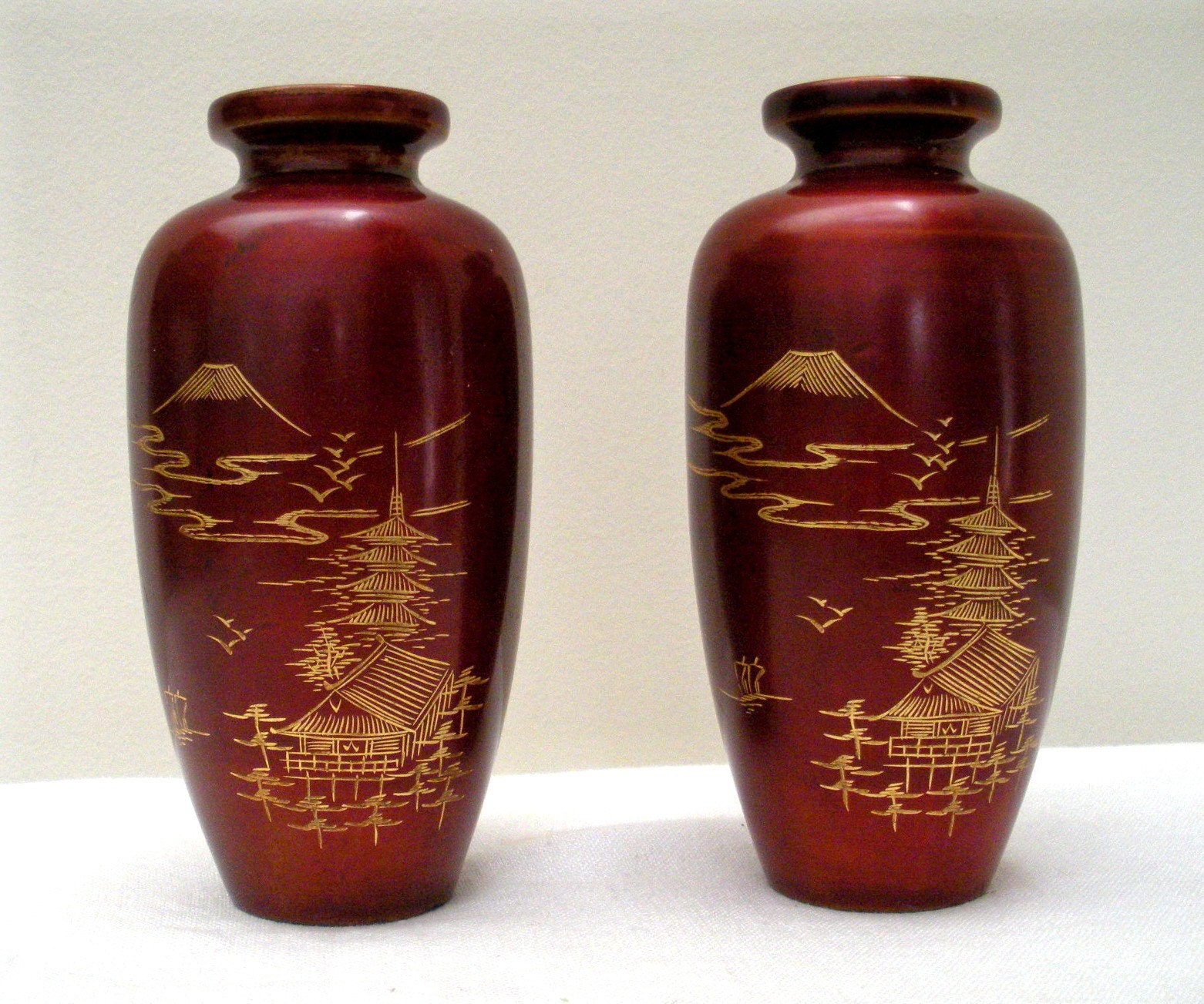 Pr. Japanese Red Lacquer Wood Vases w/ Gold Scene