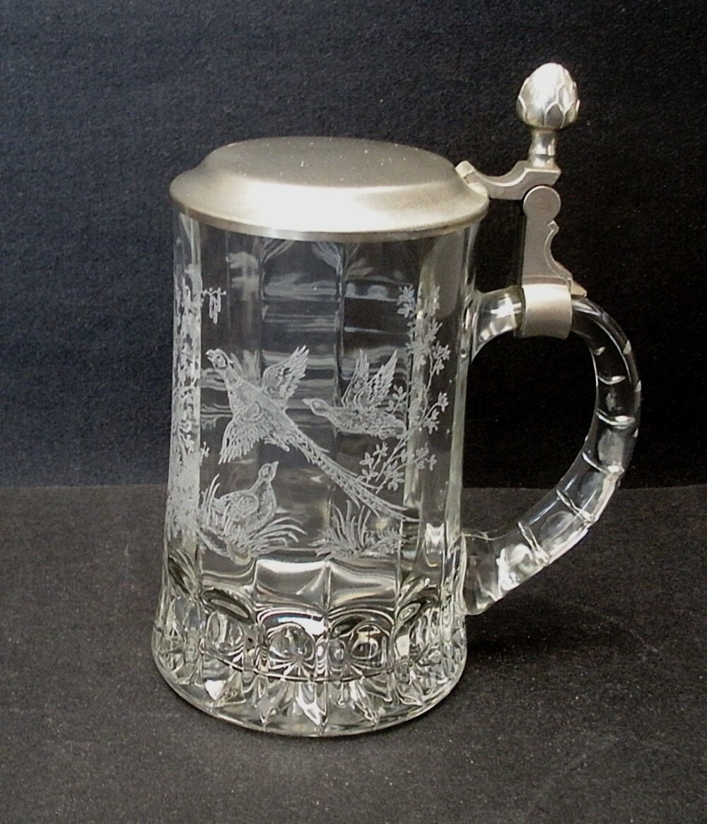 Etched Glass German Beer Stein Pewter Lid 92 Per Cent BMF