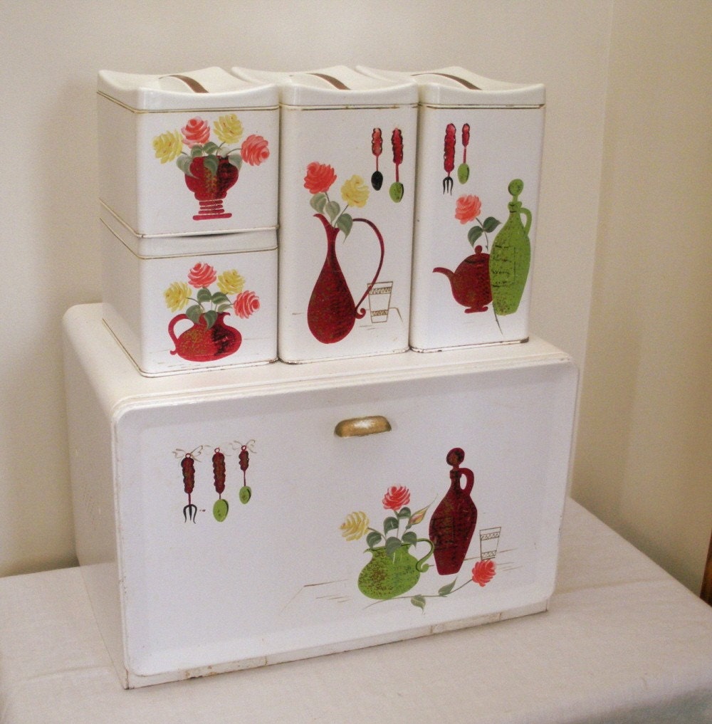 Vintage Ransburg Bread Box & Canister Set Gourmet Pattern