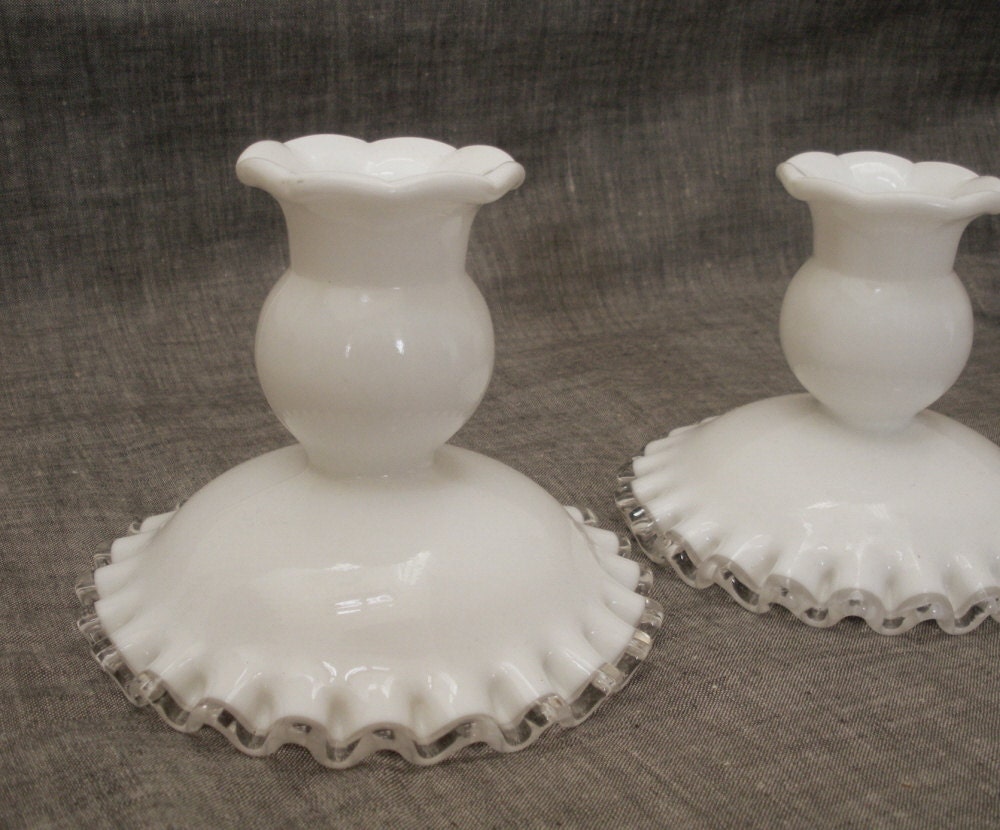 Fenton Silver Crest Candle Holders Vintage Milk Glass