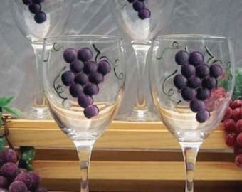 Hand Painted Grapes Wine Glasses - Set of 4