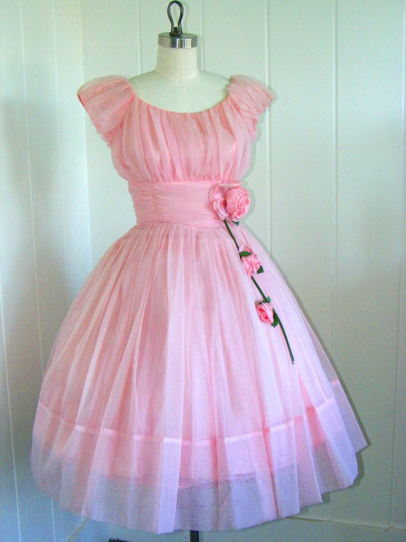 1950's Pink Chiffon Party Dress with Roses