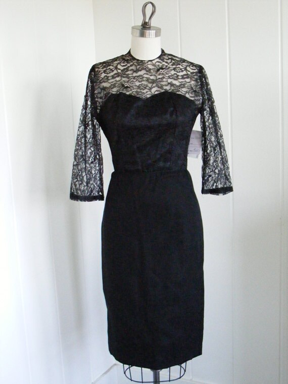Items similar to 1950's Vintage Black Satin Wiggle Dress with Lace on Etsy