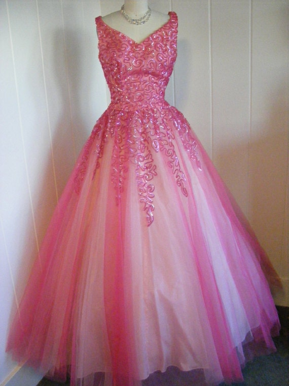 Items similar to 1950 Vintage Emma Domb Fuchsia Full Length Gown with ...