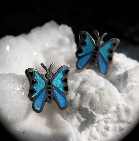Spring Butterflies Earrings Vintage Mini Blue Enamel