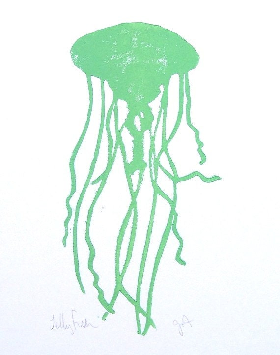 Items similar to PRINT Jellyfish LINOCUT light sea foam green 8x10 letterpress poster on Etsy