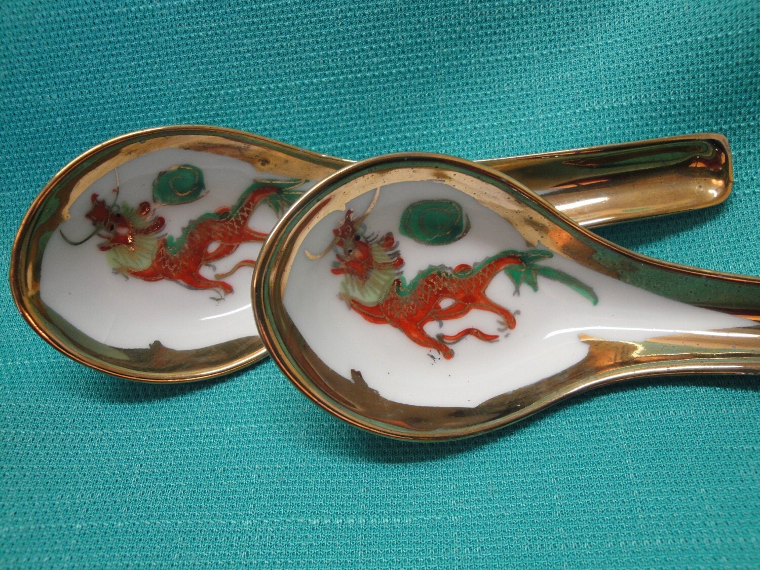 Two Vintage Porcelain Chinese Soup Spoons Hand Painted with
