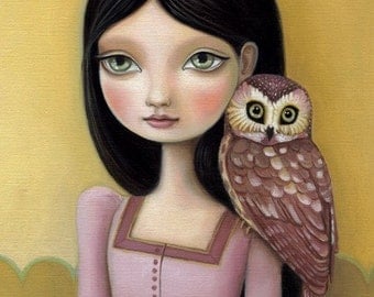 Girl owl art print - Evelyn print on premium matte paper - woodland pop surrealism by Marisol Spoon