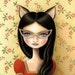 cat eye glasses print floral pattern blue eyed black hair LARGE print 11x14 bandit pop surrealism Library Masquerade by Marisol Spoon