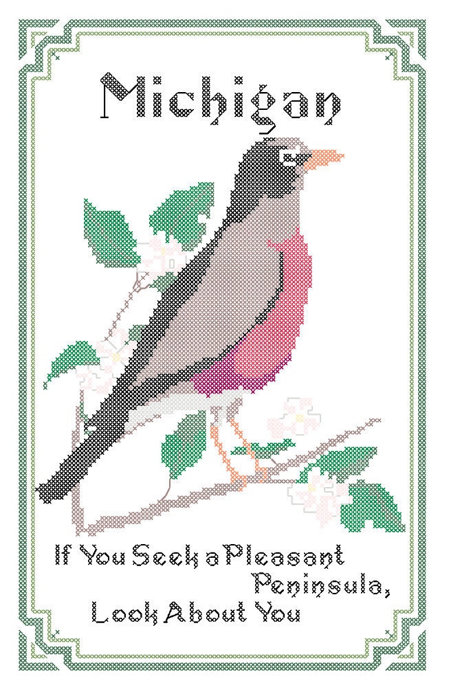 Michigan State Bird Flower and Motto Cross Stitch by robinsdesign Michigan State Bird Flower and Motto Cross Stitch by robinsdesign