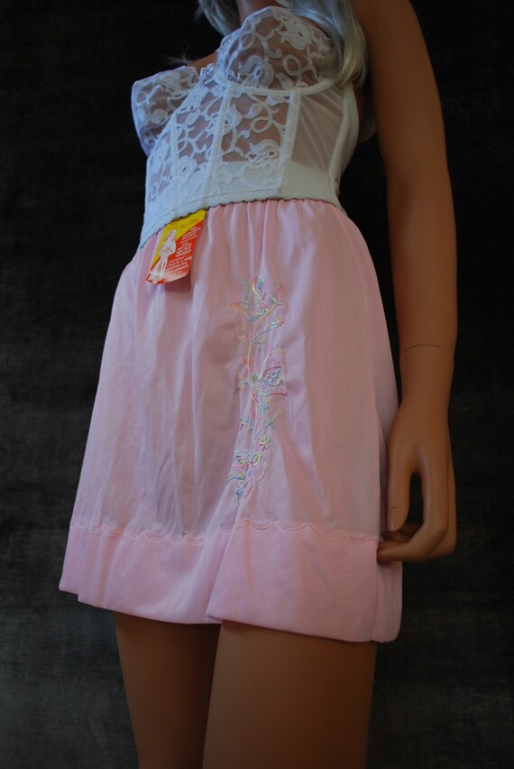 Vintage 60s Pink Mini Skirt Slip With Sparrow Bird Embroidery