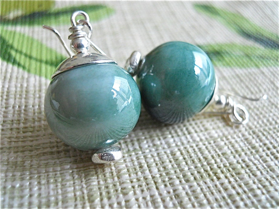 Green Glass Earrings Sage Globes with Silver Round Beaded