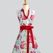 Halter Womens Apron - Handmade Apron in Elegant Ambrosia Floral with Soft Gray and Deep Red Roses Cute Full Kitchen Apron