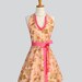 Womens Halter Hostess / Apron in Lovely Floral in Popular Coral Tones with Ruffle on V Neck Bodice