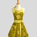 Womens Sweetheart Hostess Apron , Feminine Retro Ruffled Sweetheart Neckline Medallions & Dots in Shades of Green
